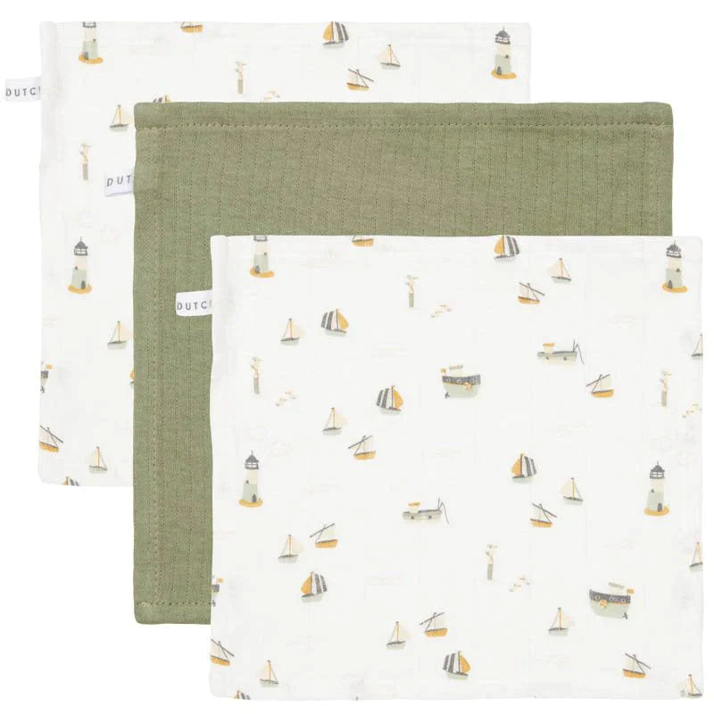 Little Dutch Set of 3 face cloths Pure Olive/Sailors Bay White 