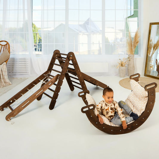 Montessori 5 in 1 Climbing Set: Triangle Ladder + Bridge/Shaking Nest + Slide/ Ramp + Net + Cushion – Chocolate Color