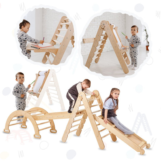 Montessori 5 in 1 Climbing Set: Triangle Ladder + Climbing Bridge + Slide/Ramp + Climbing Net + Add Painting