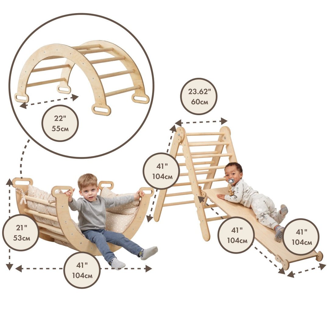 5 in 1 Montessori Climbing Set: Triangle Ladder + Climbing Bridge/Shaking Nest+ Cushion + Slide/Ramp + Add Painting