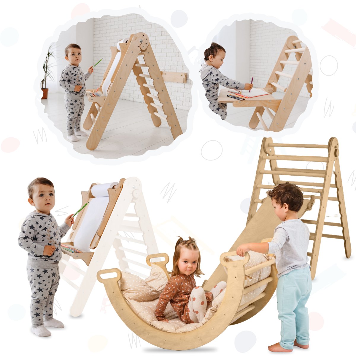 5 in 1 Montessori Climbing Set: Triangle Ladder + Climbing Bridge/Shaking Nest+ Cushion + Slide/Ramp + Add Painting