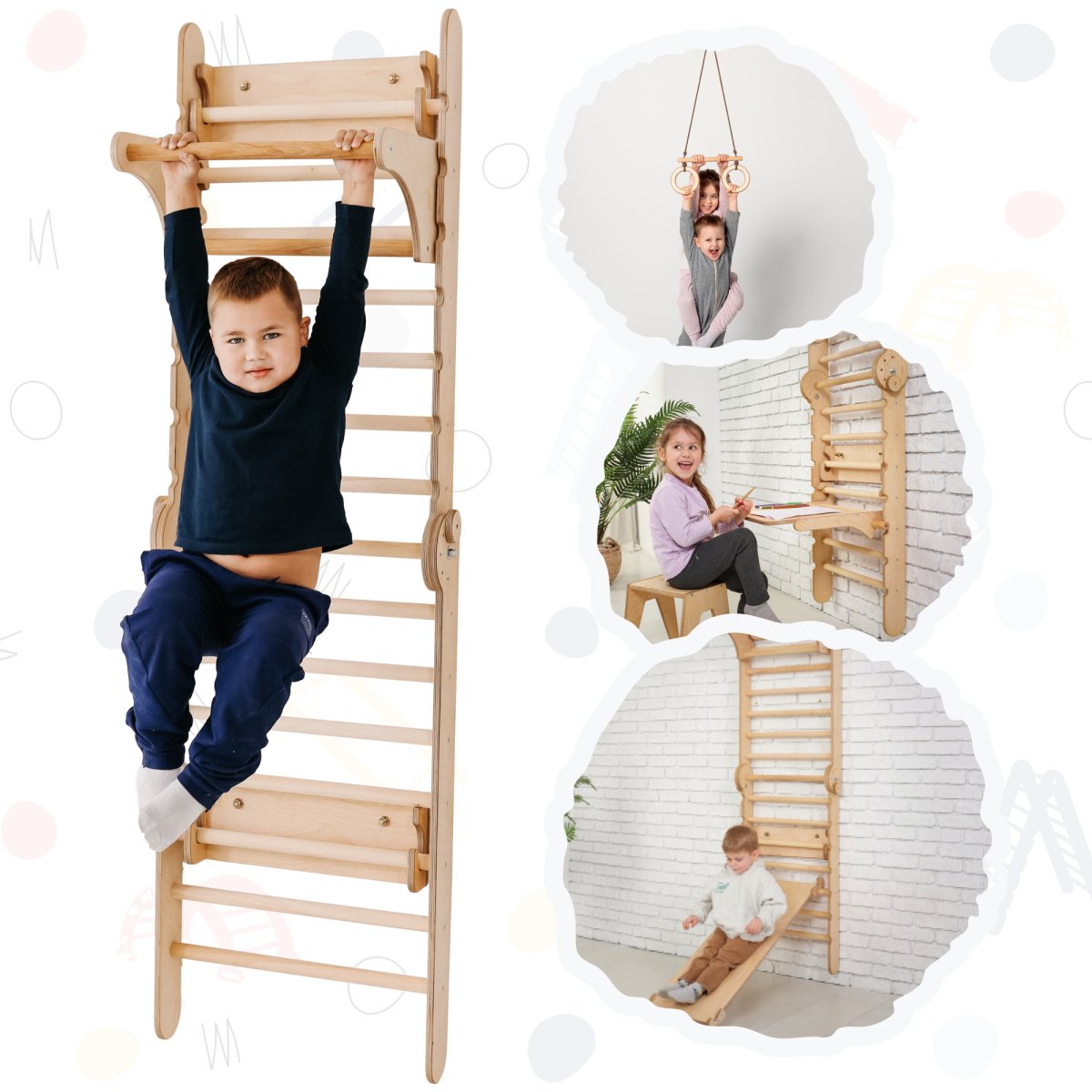 4 in 1 Wooden Swedish Wall / Children's Climbing Ladder + Swing Set + Slide/Ramp + Add Painting