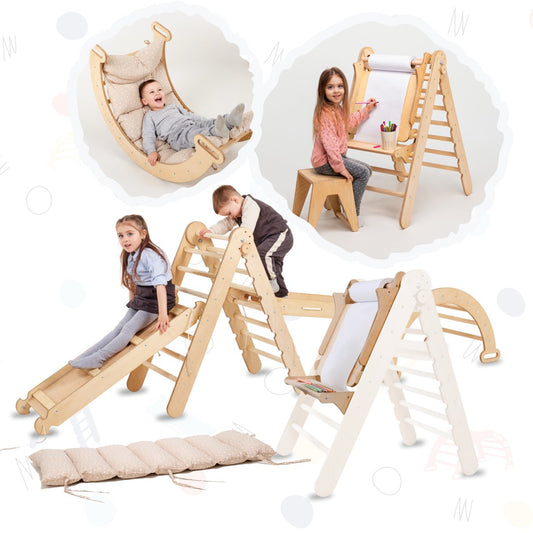 Montessori 6 in 1 Climbing Set: Triangle Ladder + Bridge/Shaking Nest + Slide/ Ramp + Net + Cushion + Add Painting