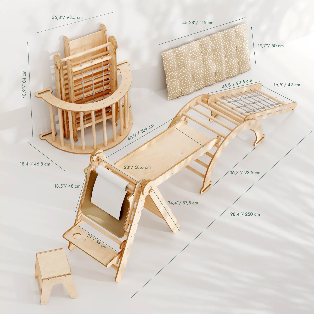 Σετ αναρρίχησης Montessori 6 σε 1: Τριγωνική σκάλα + Γέφυρα/Κουνιστή φωλιά + Τσουλήθρα/ Ράμπα + Δίχτυ + Μαξιλάρι + Πίνακας ζωγραφικής