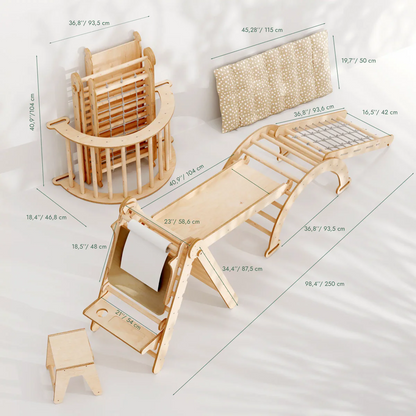 Σετ αναρρίχησης Montessori 6 σε 1: Τριγωνική σκάλα + Γέφυρα/Κουνιστή φωλιά + Τσουλήθρα/ Ράμπα + Δίχτυ + Μαξιλάρι + Πίνακας ζωγραφικής