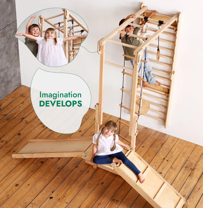 Σετ παιχνιδιού ζούγκλας Jungle Play Set 7 σε 1 για παιδιά: Σουηδικοί τοίχοι + γέφυρα αναρρίχησης + Σετ κούνιας + Σανίδα ολίσθησης + Ράμπα