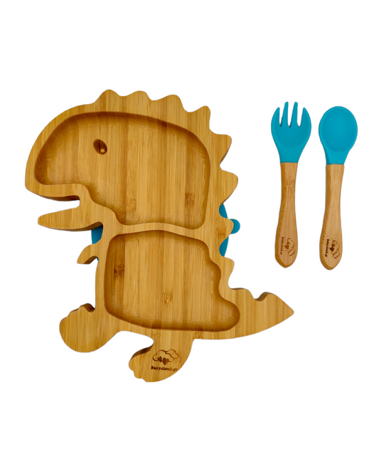 Baby Cloud Bamboo Suction Cup Dinner Plate with Spoon/Fork - Dinosaur Blue