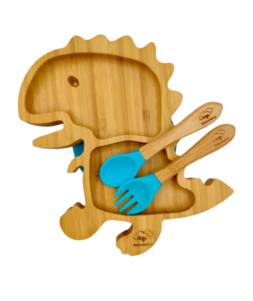 Baby Cloud Bamboo Suction Cup Dinner Plate with Spoon/Fork - Dinosaur Blue