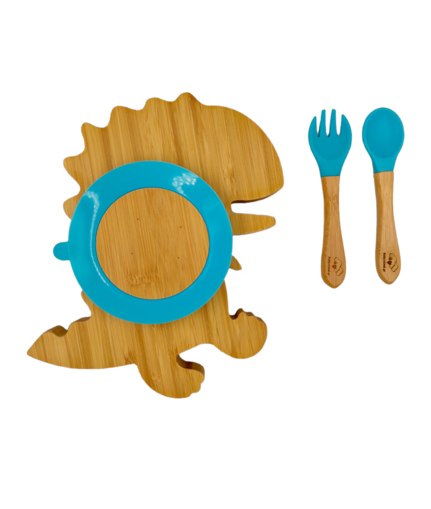 Baby Cloud Bamboo Suction Cup Dinner Plate with Spoon/Fork - Dinosaur Blue