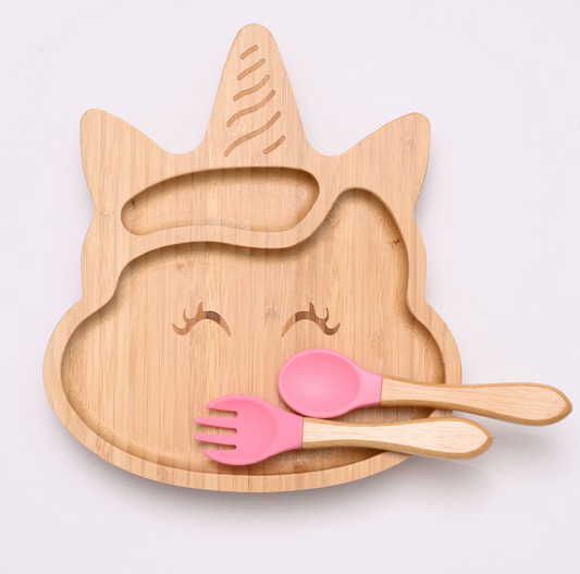 Baby Cloud Bamboo Suction Cup Dinner Plate with Spoon/Fork - Unicorn Pink