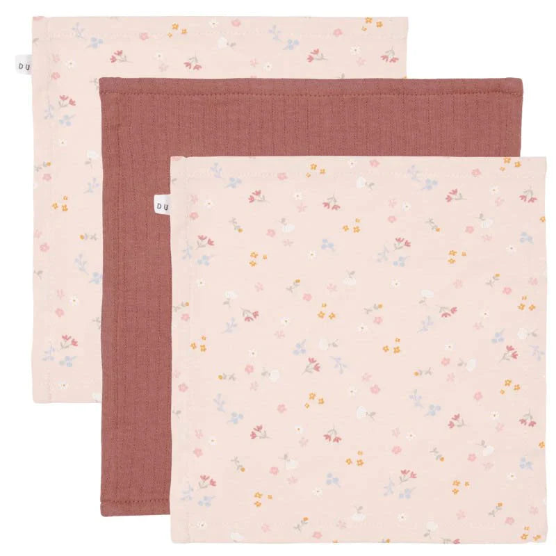 Little Dutch Set of 3 face cloths Pure Pink Blush/Little Pink Flowers.