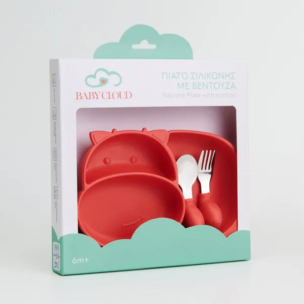 Πιάτο Σιλικόνης Ιπποπόταμος με Κουτάλι/Πιρούνι – Κόκκινο