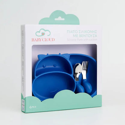 Πιάτο Σιλικόνης Ιπποπόταμος με Κουτάλι/Πιρούνι – Μπλε