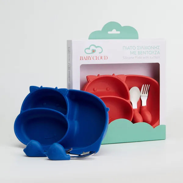 Πιάτο Σιλικόνης Ιπποπόταμος με Κουτάλι/Πιρούνι – Μπλε