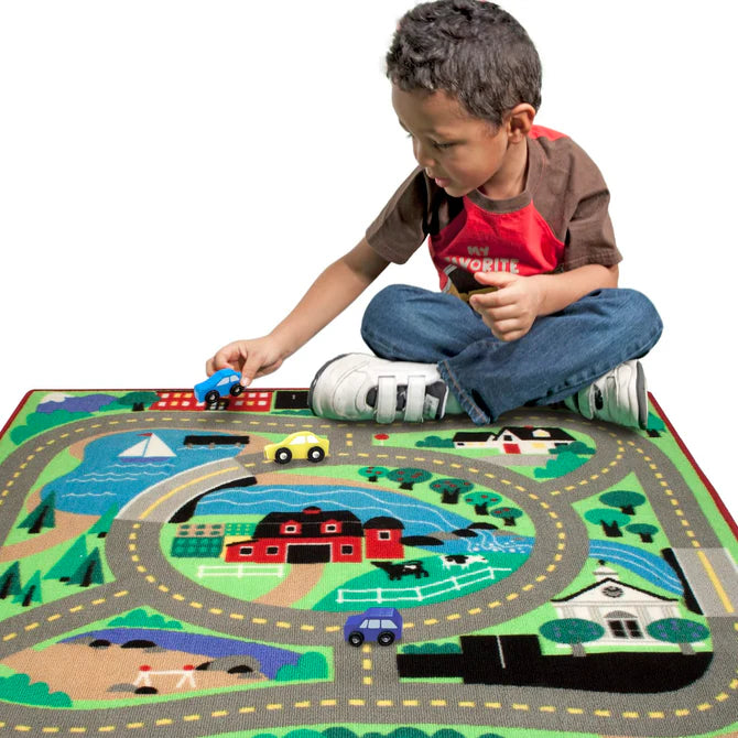 Melissa &amp; Doug Children's Activity Rug and Wooden Cars Round the Town Road Set