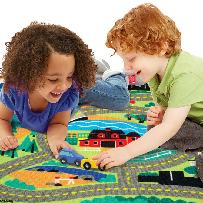 Melissa &amp; Doug Children's Activity Rug and Wooden Cars Round the Town Road Set