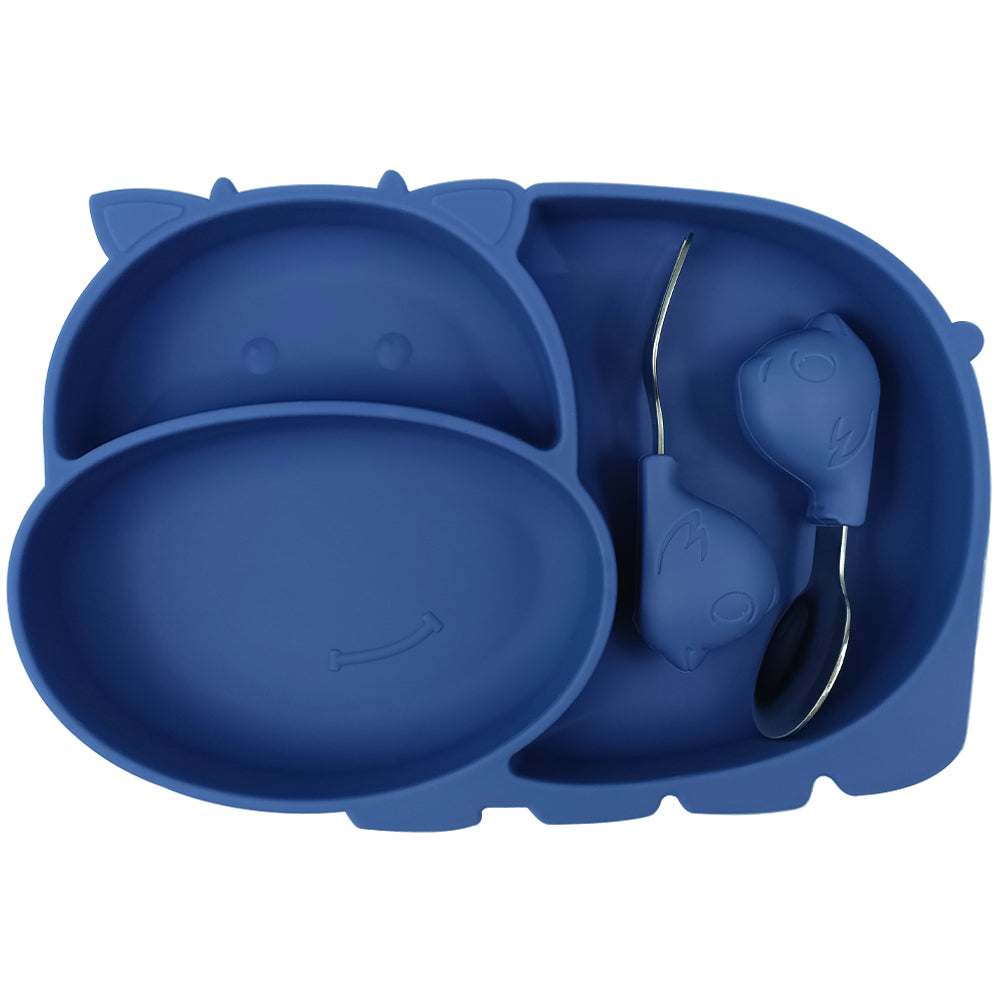 Πιάτο Σιλικόνης Ιπποπόταμος με Κουτάλι/Πιρούνι – Μπλε