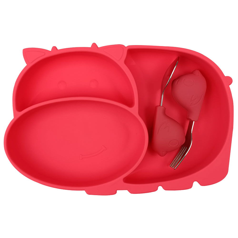 Πιάτο Σιλικόνης Ιπποπόταμος με Κουτάλι/Πιρούνι – Κόκκινο