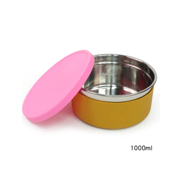 Φαγητοδοχείο Ανοξείδωτο/Σιλικόνης Στρογγυλό 1000ml – Ροζ/Μουσταρδί