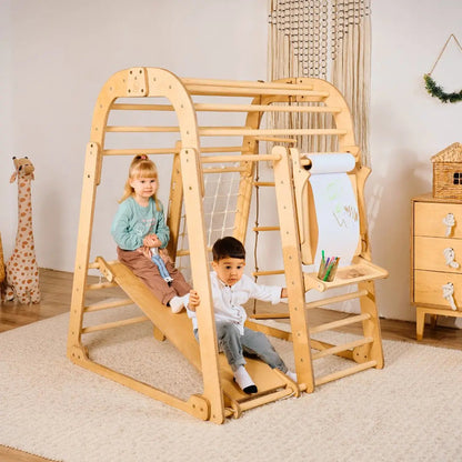 Εσωτερική Ξύλινη παιδική χαρά για παιδιά - Παιδική χαρά 7 σε 1 + Σετ με κούνιες + τσουλήθρα + πίνακας ζωγραφικής
