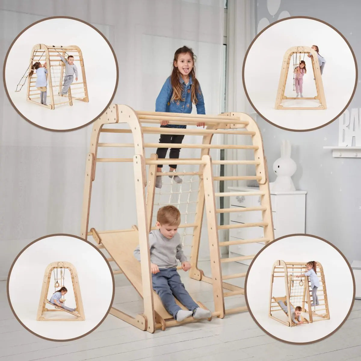 Indoor-Holzspielplatz Für Kinder - 6in1 Spielplatz + Schaukel-Set + Rutschbrett