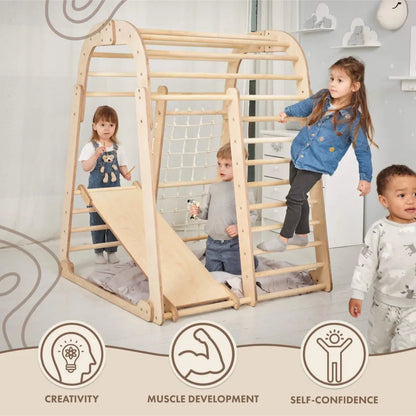 Indoor-Holzspielplatz Für Kinder - 6in1 Spielplatz + Schaukel-Set + Rutschbrett