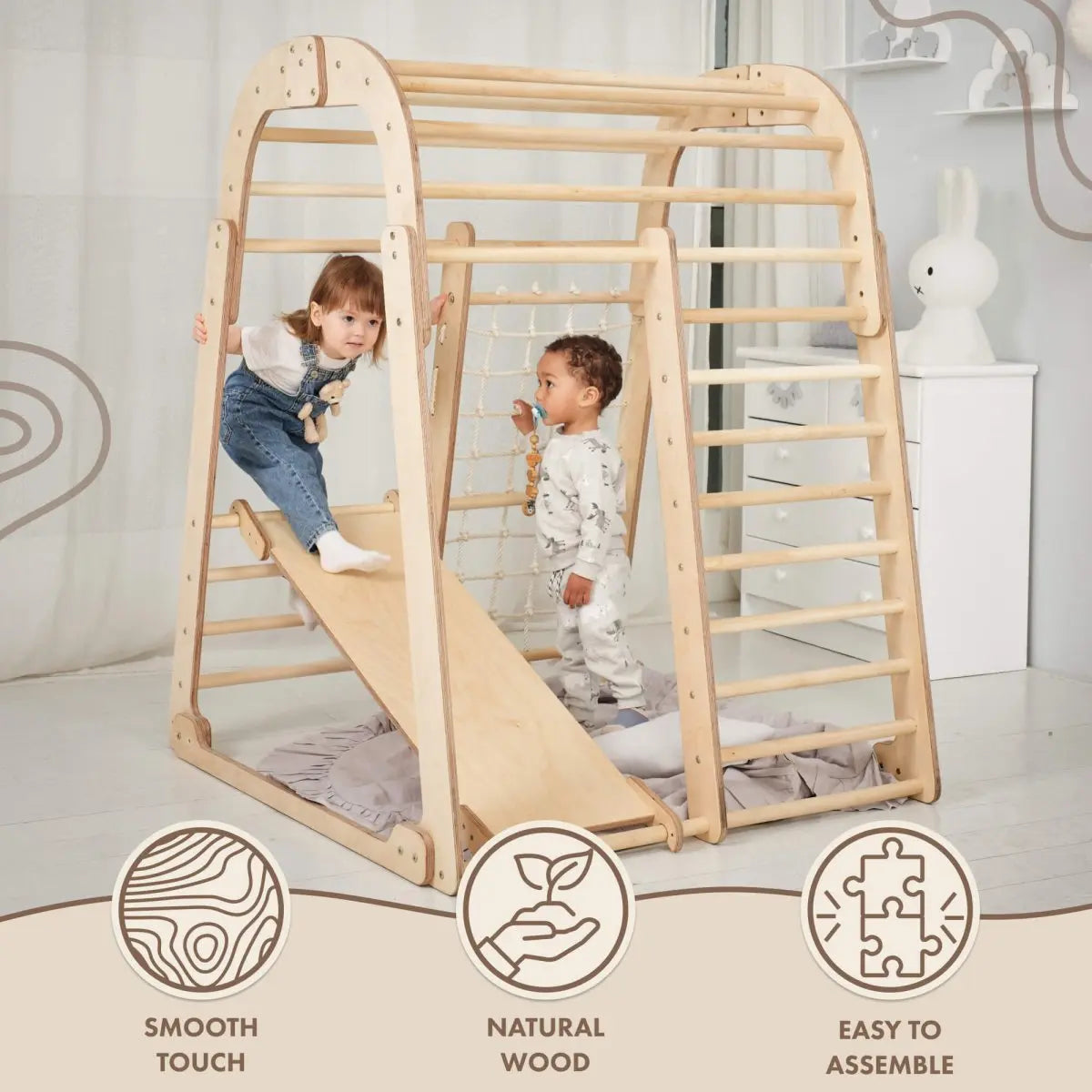 Indoor-Holzspielplatz Für Kinder - 6in1 Spielplatz + Schaukel-Set + Rutschbrett
