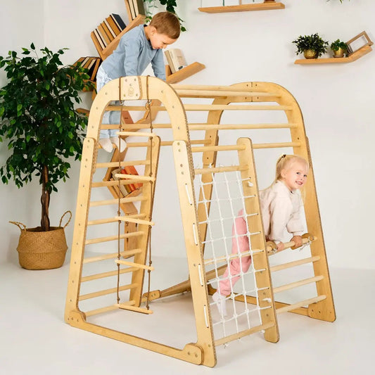 Indoor-Holzspielplatz Für Kinder - 6in1 Spielplatz + Schaukel-Set + Rutschbrett
