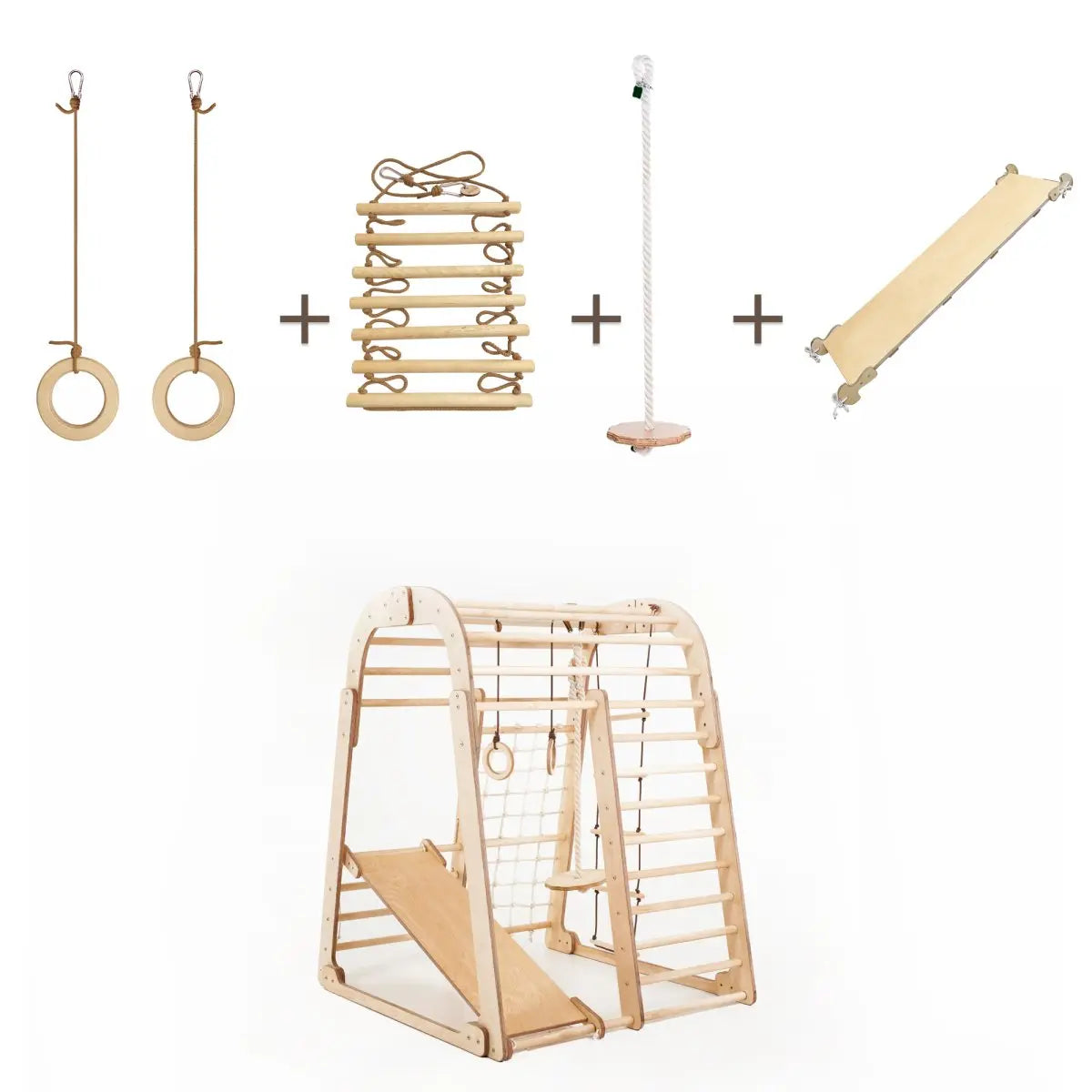 Indoor-Holzspielplatz Für Kinder - 6in1 Spielplatz + Schaukel-Set + Rutschbrett