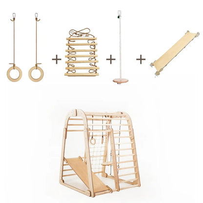 Indoor-Holzspielplatz Für Kinder - 6in1 Spielplatz + Schaukel-Set + Rutschbrett