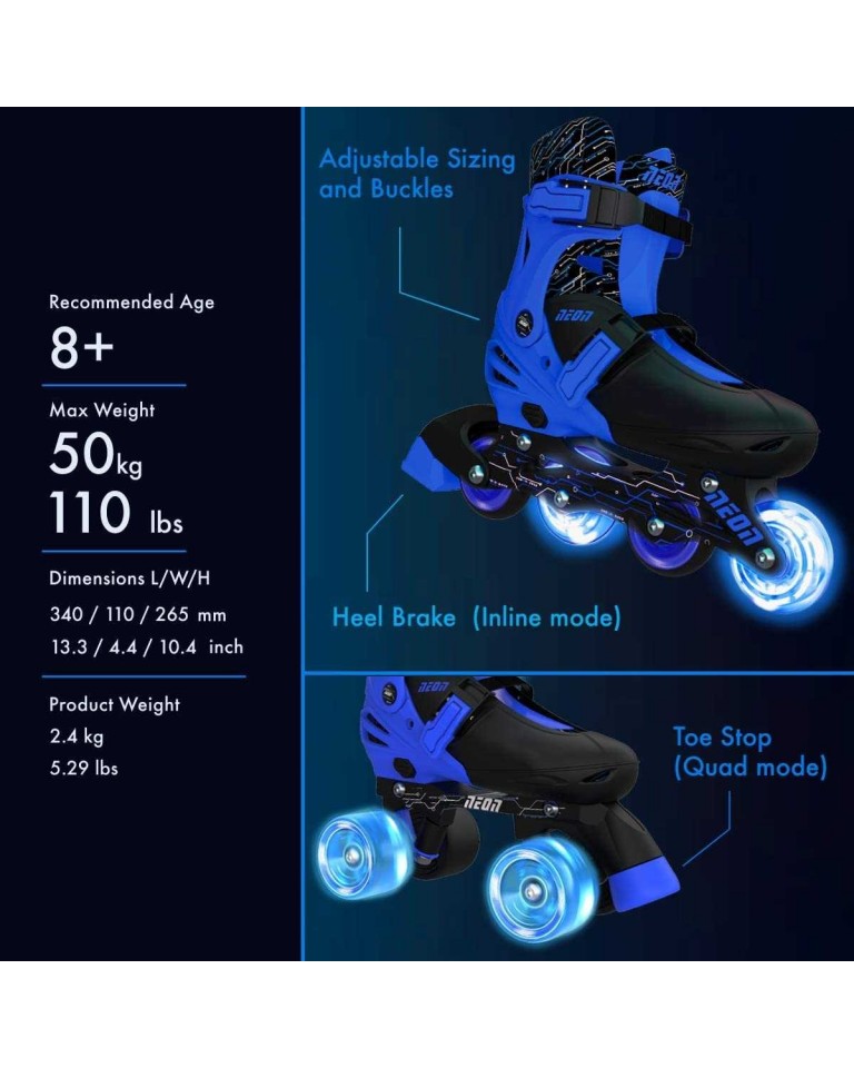 YVOLUTION Neon Combo 2 in 1 Inline/Roller Skates - Blue (29-33)-53.NT09B4