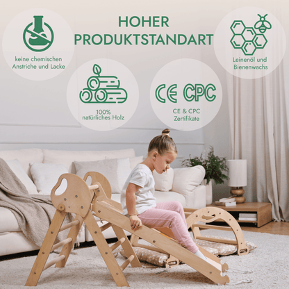 4σε1 Σετ Αναρρίχησης Montessori: Τρίγωνο Pikler + Καμάρα Αναρρίχησης + Σανίδα Τσουλήθρας + Μαξιλάρι για Νήπια (1–3 Ετών) – Ivory