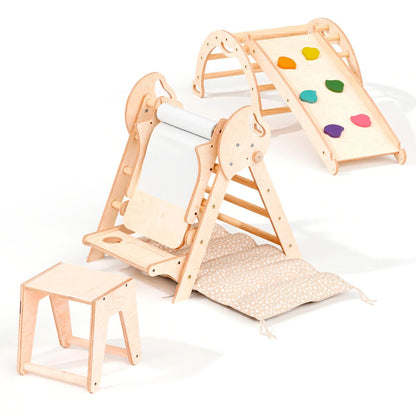 Montessori 5in1 Kletterdreieck Für Babys: Pikler-Dreieck, Kletterbogen, Kunst-Erweiterung ,Rutschbrett Und Kissen Für Kleinkinder (1–3 Jahre)