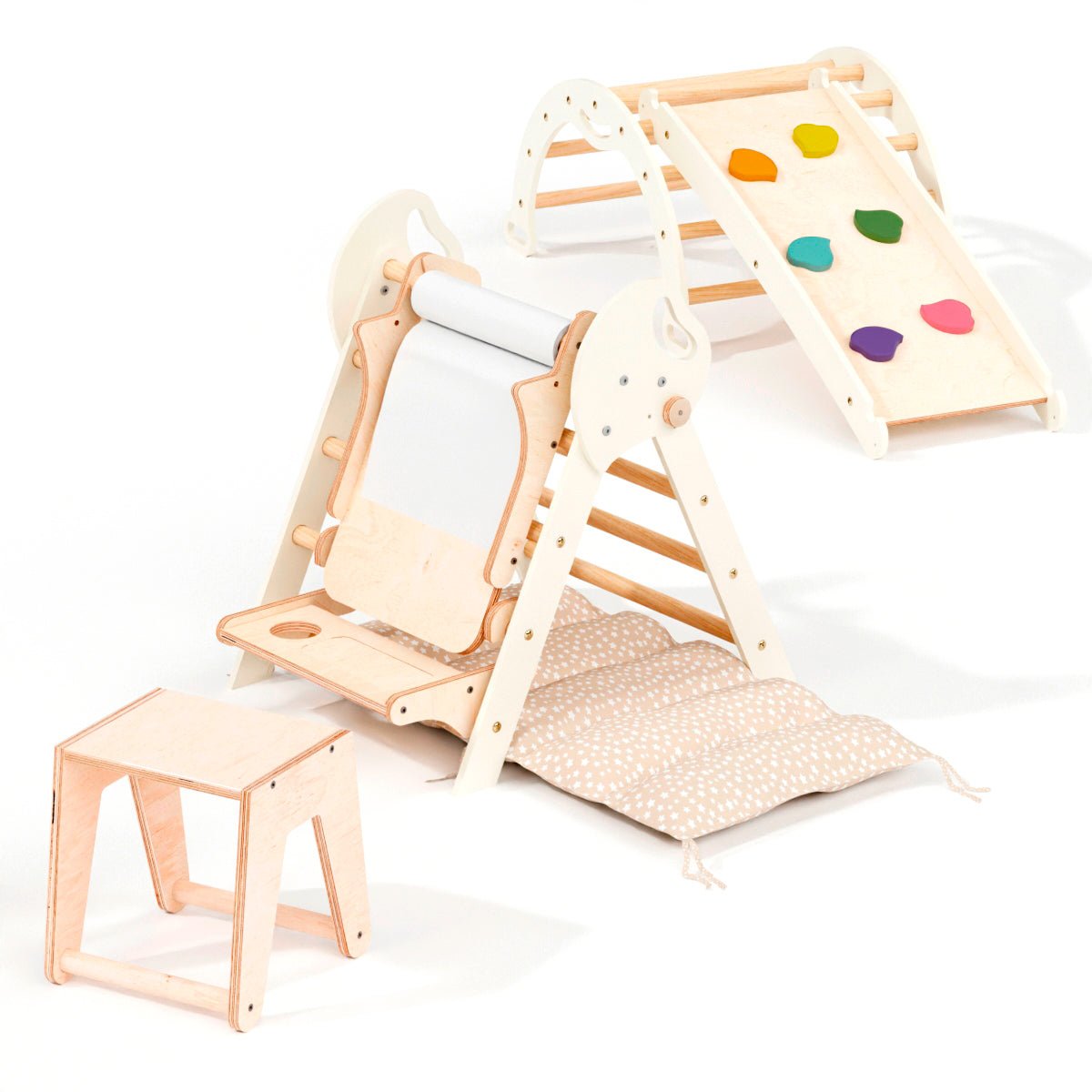 Montessori 5in1 Kletterdreieck Für Babys: Pikler-Dreieck, Kletterbogen, Kunst-Erweiterung ,Rutschbrett Und Kissen Für Kleinkinder (1–3 Jahre)