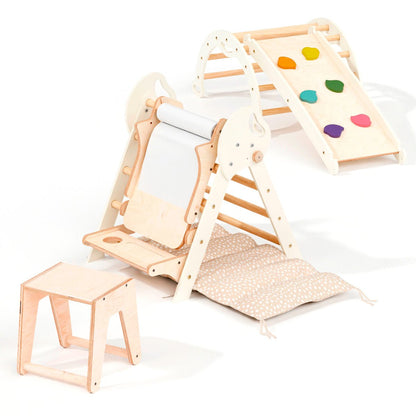Montessori 5in1 Kletterdreieck Für Babys: Pikler-Dreieck, Kletterbogen, Kunst-Erweiterung ,Rutschbrett Und Kissen Für Kleinkinder (1–3 Jahre)