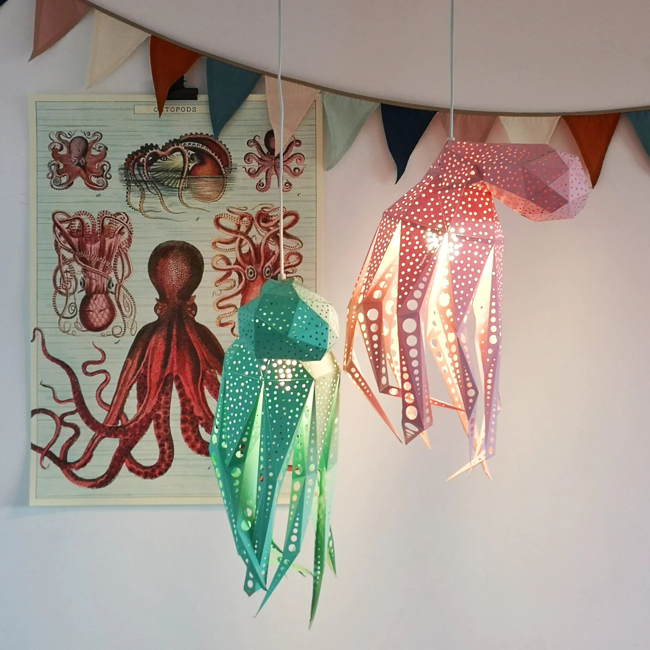 Vasili Lights Octopus Lantern 3D Hanging Lamp from Cardboard pink color 43x50cm