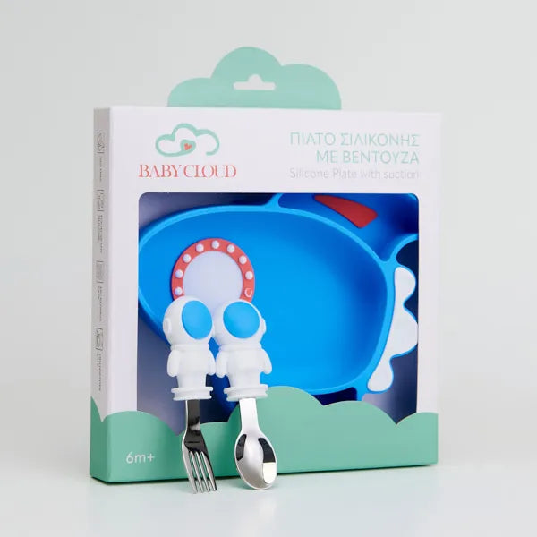 Πιάτο Σιλικόνης με Κουτάλι/Πιρούνι – Διαστημόπλοιο Μπλε
