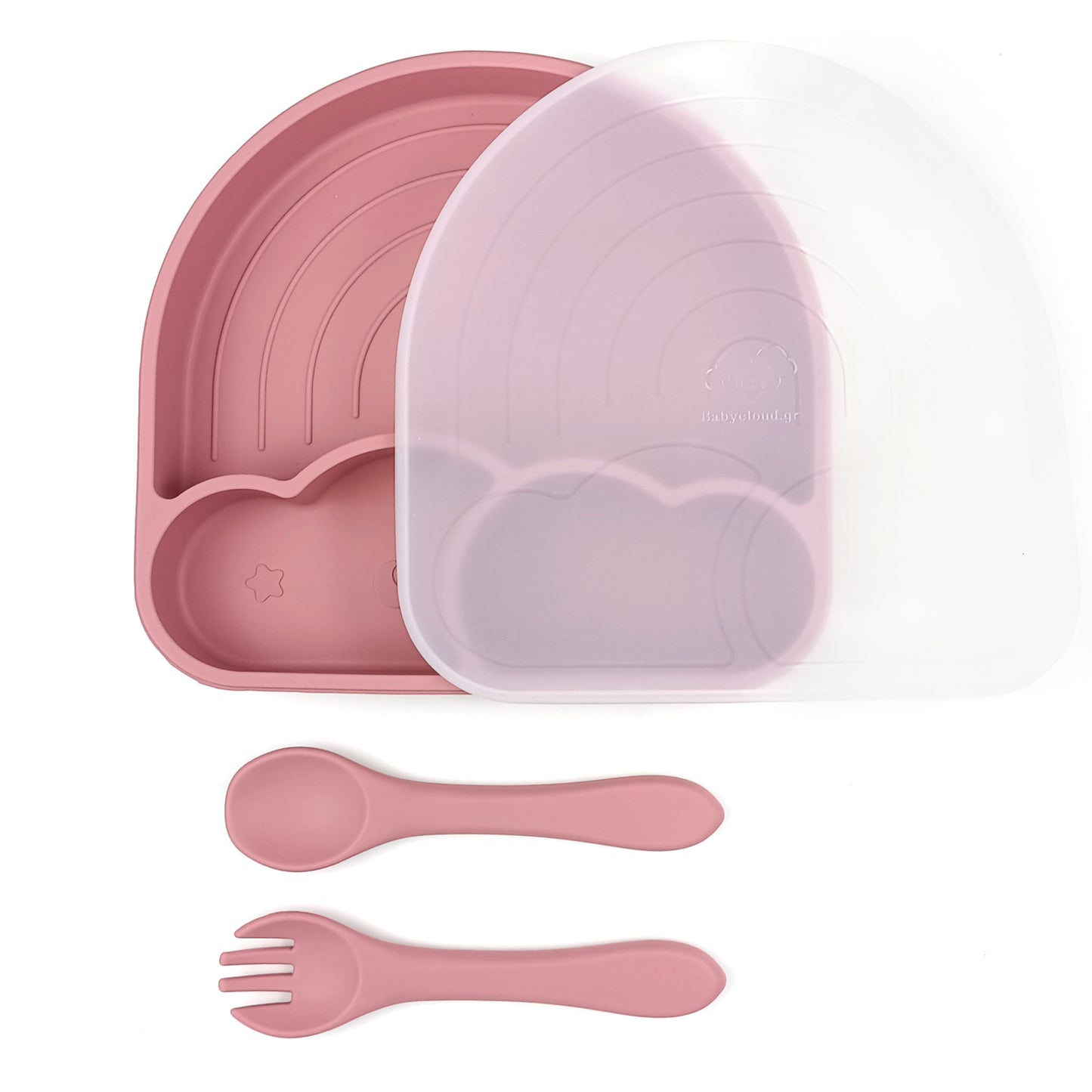 Baby Cloud Silicone Plate with Suction Cup Pink - With Spoon/Fork &amp; Lid - Rainbow