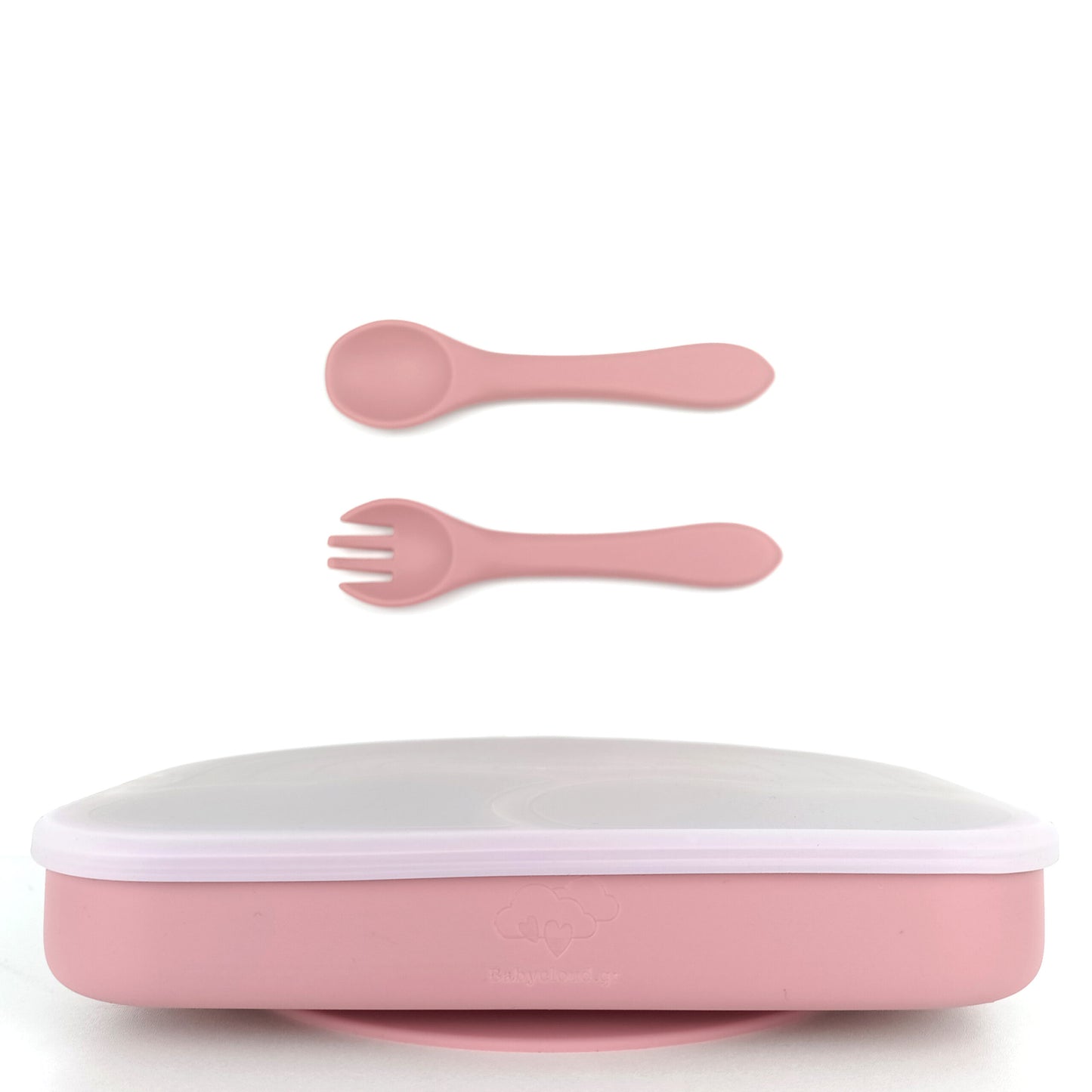 Baby Cloud Silicone Plate with Suction Cup Pink - With Spoon/Fork &amp; Lid - Rainbow